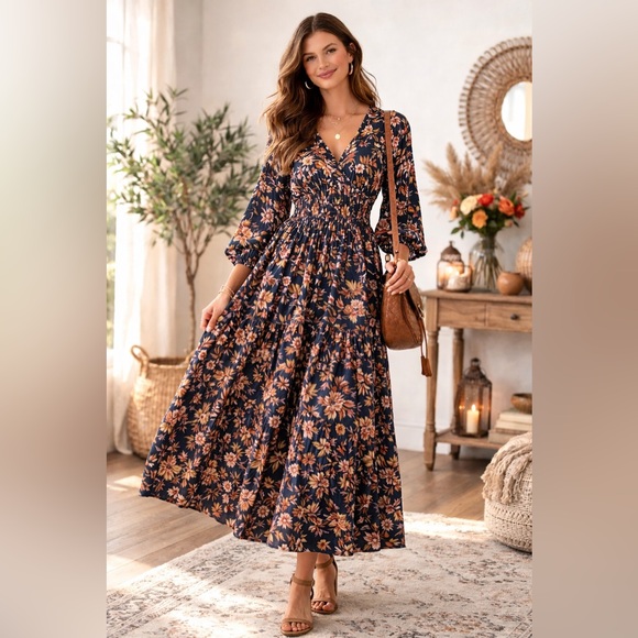 Mille Dresses & Skirts - Mille Resort Floral Cotton Smocked Waist Boho Midi Dress L